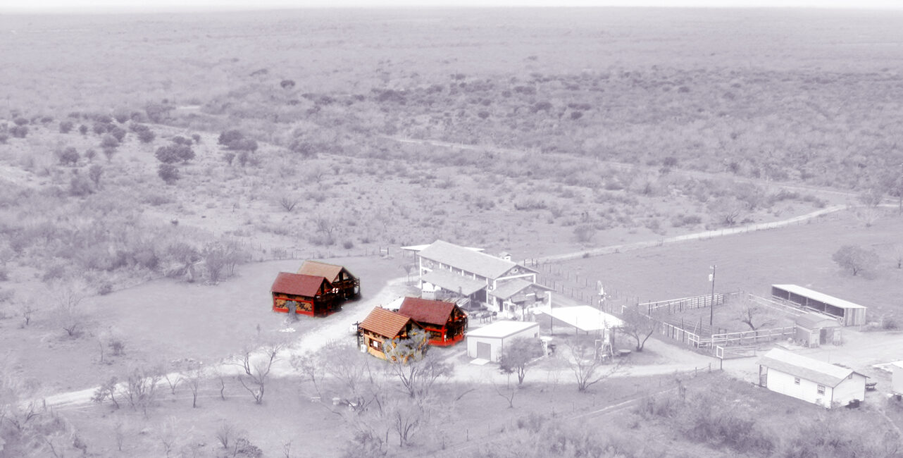 Cabins highlighted in black and white photo