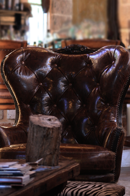 Leather chair in the Monastery great hall at Las Lajas Ranch